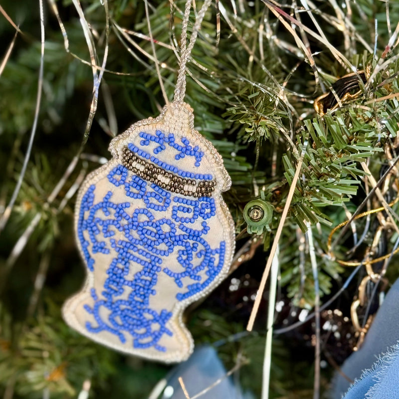 Beaded Blue and White Jar Ornament