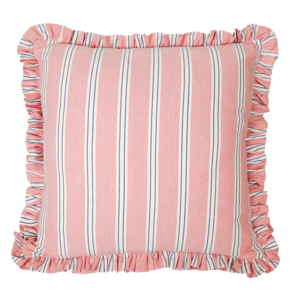 Pink and blue block print throw pillow cover with striped ruffle trim –  Grace Harris Collection