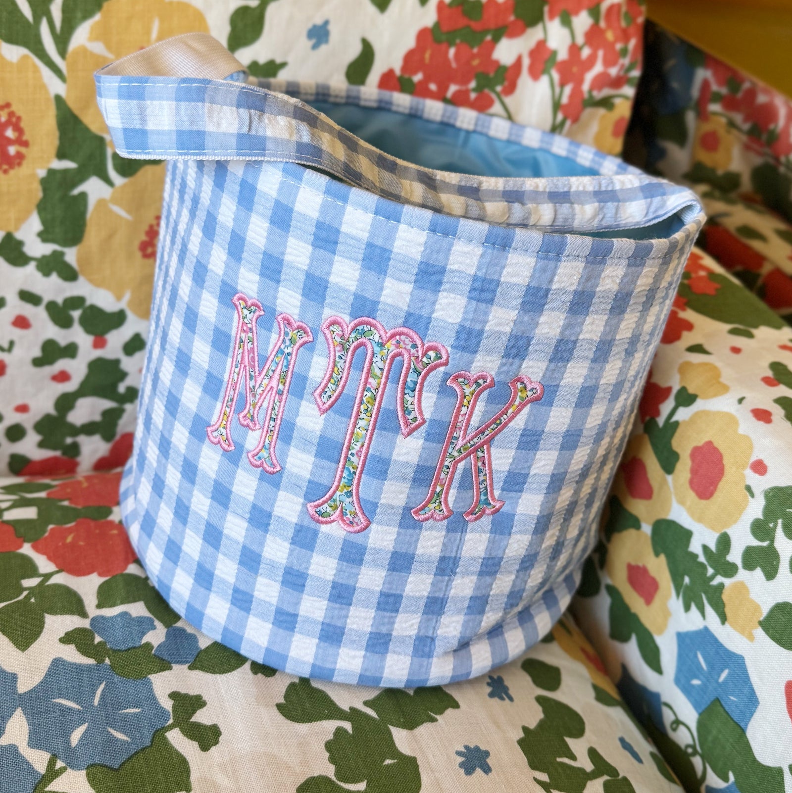 Blue Gingham Seersucker Easter Bucket Basket – Biscuit Home