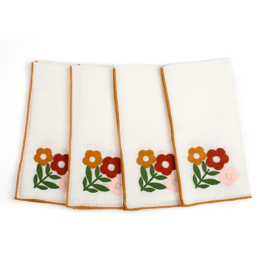 Floral Embroidered Linen Napkins, set of 4