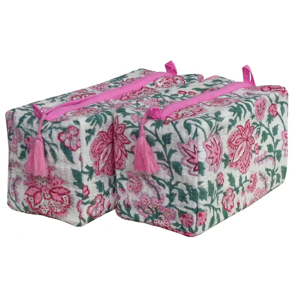 Pink and Green Blockprint Zipper Pouches