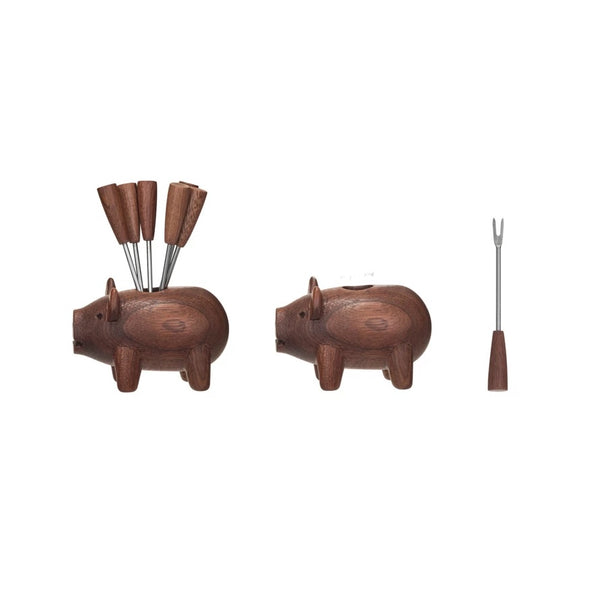 Wood Pig Appetizer Fork Set