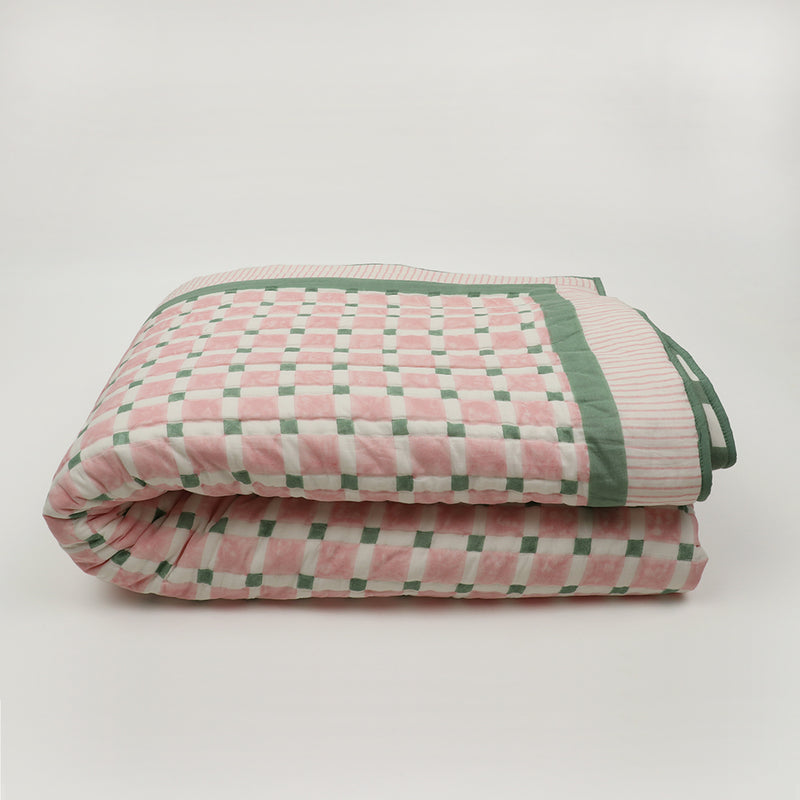 Pink & Green Checkerboard Block Printed Quilt