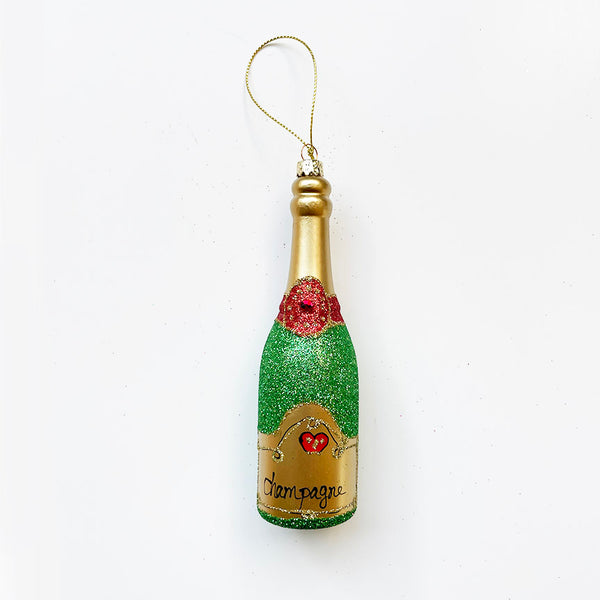 Glittered Green Champagne Ornament